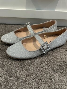 Delicious Silver Glitter Mary Jane Flats with Rhinestone Buckle